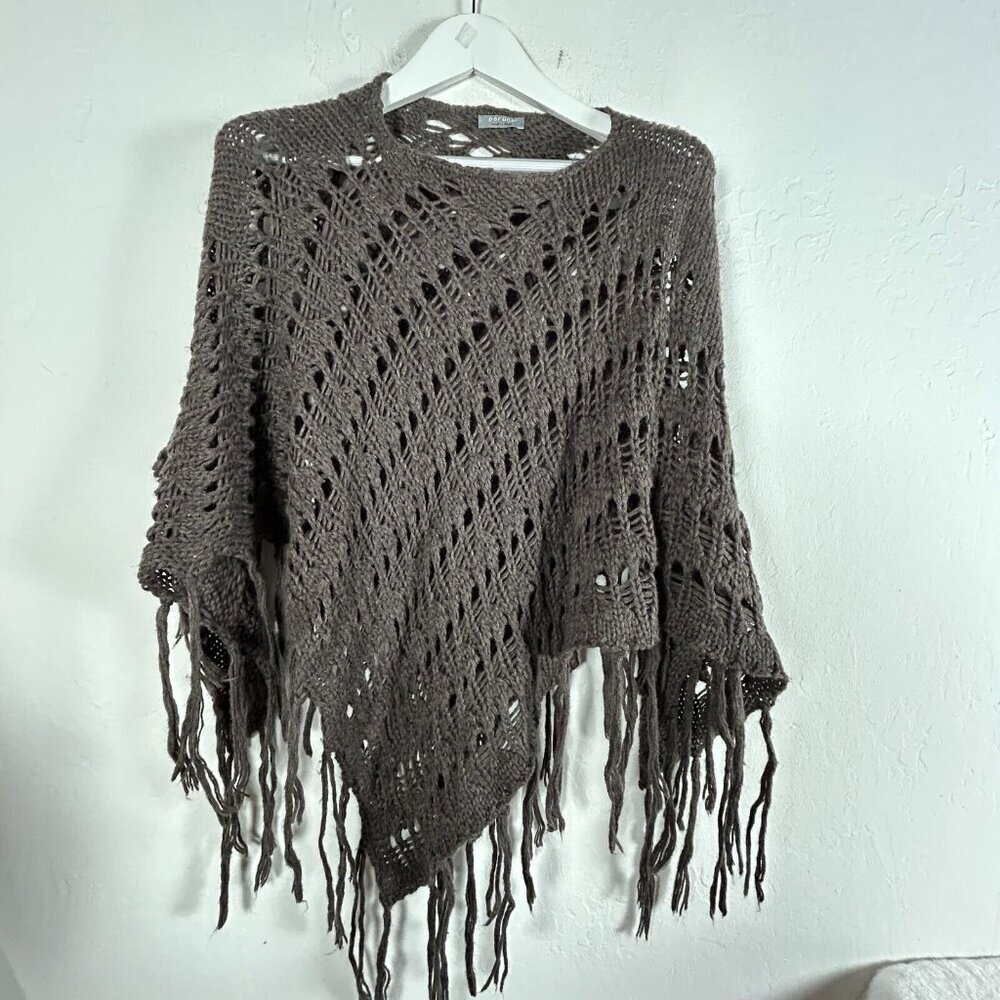 Per Una Womens Open Knit Poncho with Fringe Trim One Size Gray Made in Italy